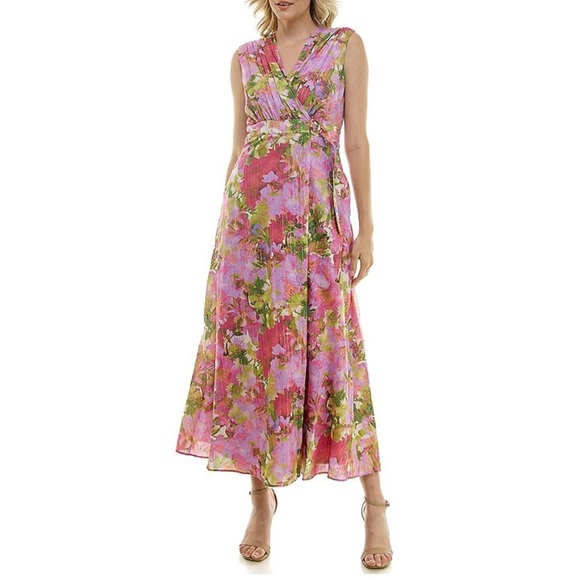 NWT Taylor Floral Print Voile Pleated V-Neck Sleeveless Maxi Dress - Size 8 - Picture 4 of 17